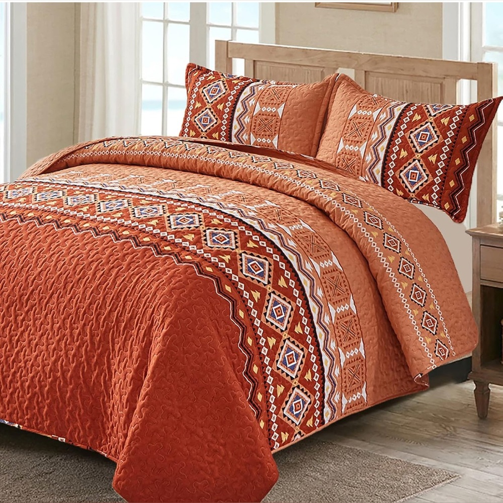 King Size Orange Quilt Set Geometric Pattern